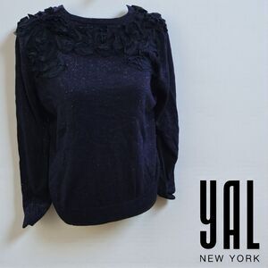 YAL NY Women's XL Dark Blue Glitter Ruffle Pullover Festive Party Sweater EUC